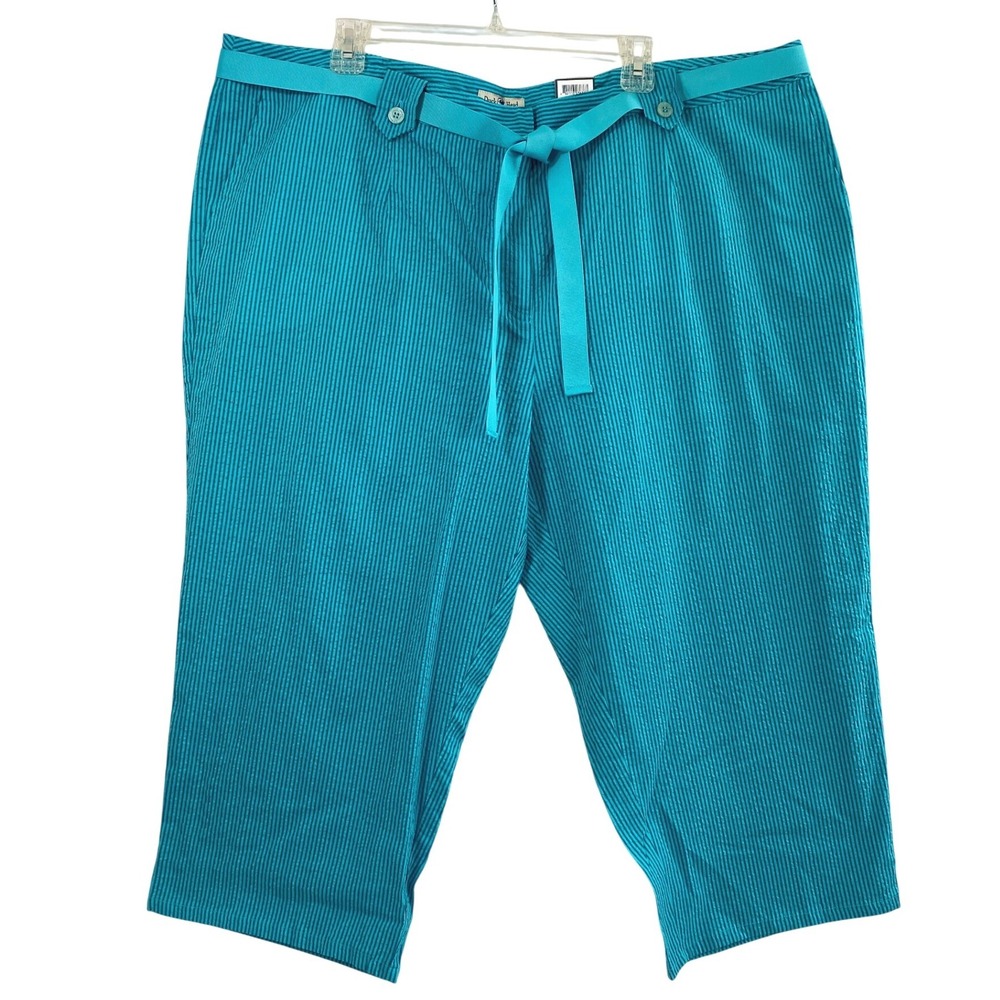 Duck Head Teal Blue Seersucker Striped Capri Pants‎ Plus Size 24W Coastal Summer